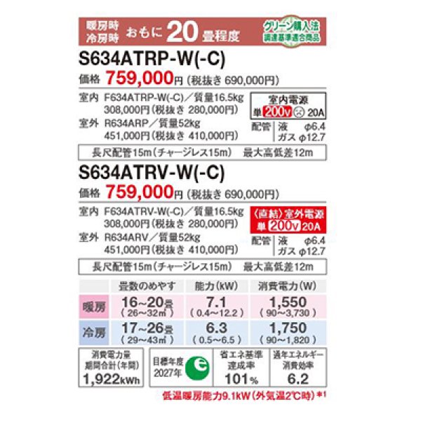 画像2: ダイキン S634ATRV-W エアコン 20畳 ルームエアコン RXシリーズ うるるとさらら 室外電源タイプ 単相200V 20A 20畳程度 ホワイト (S633ATRV 後継品) ♪ (2)