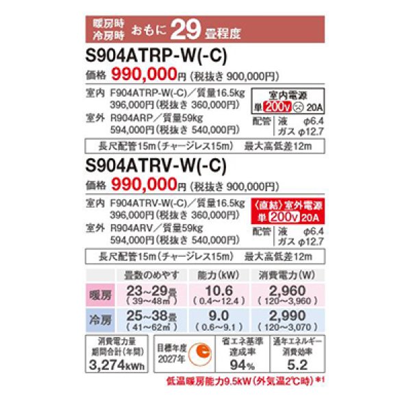 画像2: ダイキン S904ATRV-C エアコン 29畳 ルームエアコン RXシリーズ うるるとさらら 単相200V 20A 29畳程度 ベージュ (S903ATRV 後継品) ♪ (2)