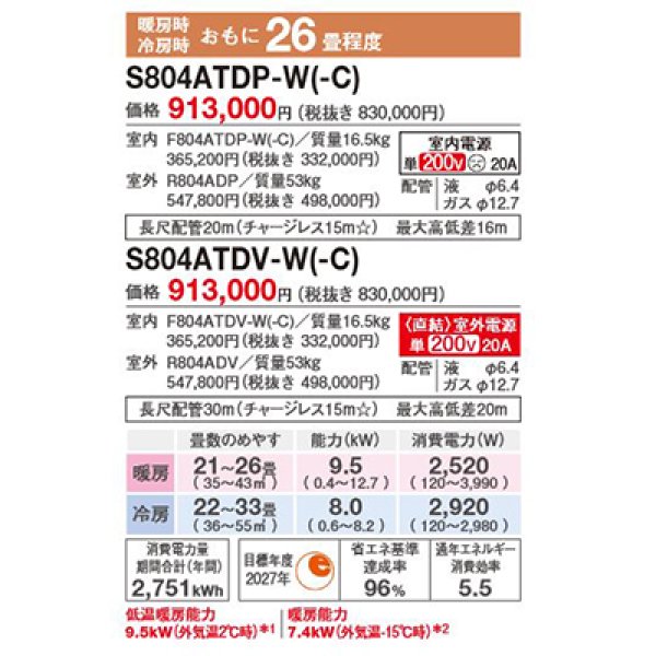 画像2: ダイキン S804ATDP-C エアコン 26畳 ルームエアコン DXシリーズ スゴ暖 単相200V 20A 26畳程度 ベージュ (S803ATDP 後継品) ♪ (2)