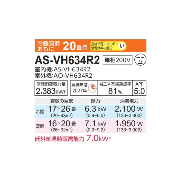 画像2: 富士通 AS-VH634R2 エアコン 20畳 ルームエアコン VHシリーズ ノクリア 単相200V 20畳程度 ホワイト (AS-VH633N2の後継品) (2)