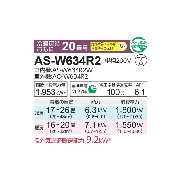 画像2: 富士通 AS-W634R2 エアコン 20畳 ルームエアコン Wシリーズ ノクリア 単相200V 20畳程度 ホワイト (AS-W633N2の後継品) (2)