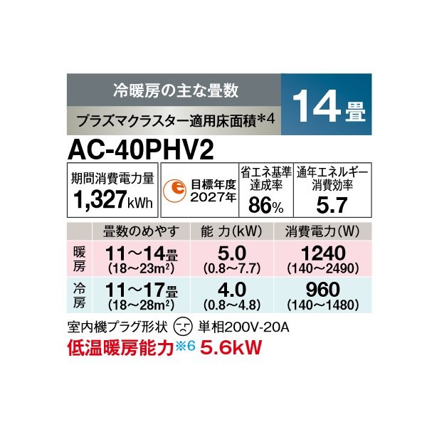 画像2: シャープ AC-40PHV2 エアコン 14畳 ルームエアコン HVシリーズ 単相200V 20A 冷暖房時14畳程度 ホワイト系 (2)