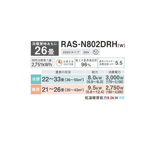 画像2: 日本キヤリア/旧東芝 RAS-N802DRH(W) エアコン26畳用 ルームエアコン N-DRHシリーズ 大清快 単相200 26畳程度 ホワイト (RAS-K802DRH-W 後継品)♪ (2)