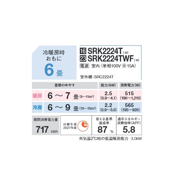 画像2: 三菱重工 SRK2224TWF-W エアコン 6畳 ルームエアコン TWFシリーズ ビーバーエアコン 単相100V 15A 6畳程度 ファインスノー♭♪ (2)