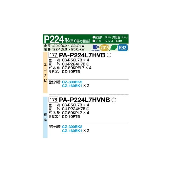 画像2: パナソニック [PA-P224L7HVB+分岐管] 業務用エアコン 2方向天井カセット形 XEPHY Eco エコナビ 同時ダブルツイン P224形 8馬力 三相200Ｖ ♪ (2)