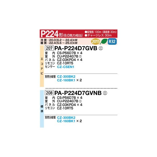 画像2: パナソニック [PA-P224D7GVB+分岐管] 業務用エアコン 高天井用1方向カセット形 XEPHY Premium エコナビ 同時ダブルツイン P224形 8馬力 三相200V ♪ (2)