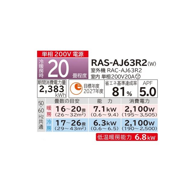 画像2: 日立 RAS-AJ63R2(W) エアコン 20畳 ルームエアコン AJシリーズ 白くまくん 単相200V 20畳程度 スターホワイト (RAS-AJ63N2-Wの後継品) ♭♪ (2)