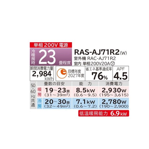 画像2: 日立 RAS-AJ71R2(W) エアコン 23畳 ルームエアコン AJシリーズ 白くまくん 単相200V 23畳程度 スターホワイト (RAS-AJ71N2-Wの後継品) ♭♪ (2)