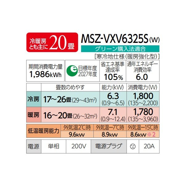 画像2: 三菱 MSZ-VXV6325S(W) エアコン 20畳 ルームエアコン VXVシリーズ ズバ暖 寒冷地 単相200Ｖ/20A 20畳程度 ピュアホワイト (MSZ-VXV6324S-Wの後継品) ♪ (2)