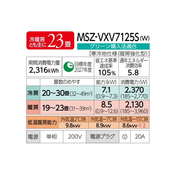 画像2: 三菱 MSZ-VXV7125S(W) エアコン 23畳 ルームエアコン VXVシリーズ ズバ暖 寒冷地 単相200Ｖ/20A 23畳程度 ピュアホワイト (MSZ-VXV7124S-Wの後継品) ♪ (2)