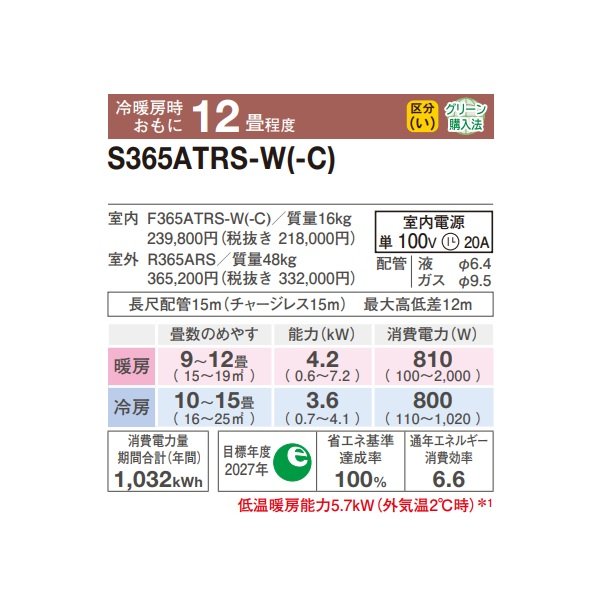 画像2: ダイキン S365ATRS-C エアコン 12畳 ルームエアコン RXシリーズ うるるとさらら 単相100V 20A 12畳程度 ベージュ (S364ATRS-C 後継品) ♪ (2)