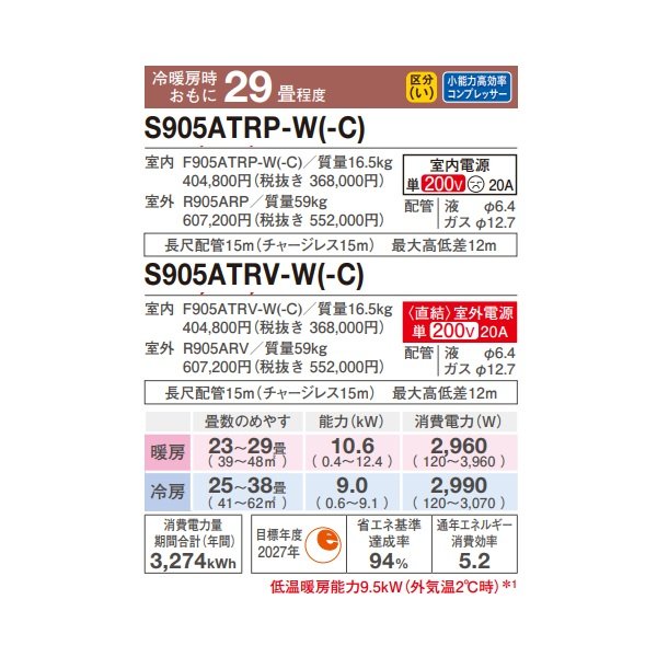 画像2: ダイキン S905ATRP-W エアコン 29畳 ルームエアコン RXシリーズ うるるとさらら 単相200V 20A 29畳程度 ホワイト (S904ATRP-W 後継品) ♪ (2)