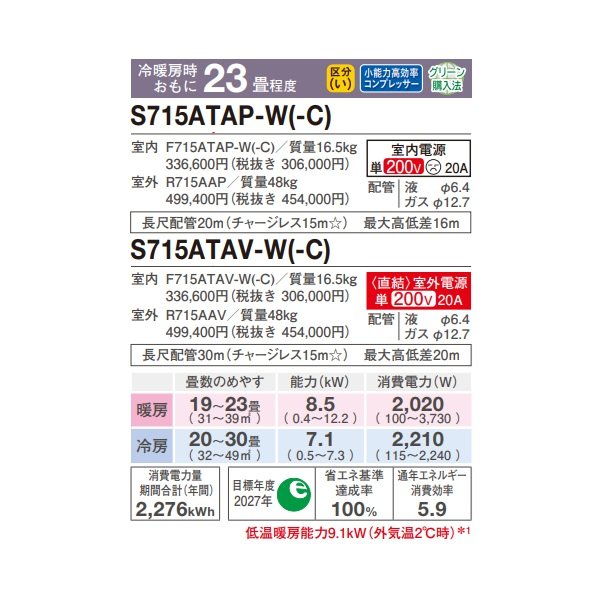 画像2: ダイキン S715ATAV-W エアコン 23畳 ルームエアコン AXシリーズ 室外電源タイプ 単相200V 20A 23畳程度 ホワイト (S714ATAV-W 後継品) ♪ (2)