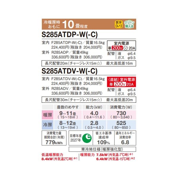 画像2: ダイキン S285ATDP-W エアコン 10畳 ルームエアコン DXシリーズ スゴ暖 単相200V 20A 10畳程度 ホワイト (S284ATDP-W 後継品) ♪ (2)