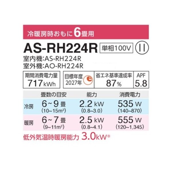 画像2: 富士通 AS-RH224R エアコン 6畳 ルームエアコン RHシリーズノクリア単相100V 6畳程度 ホワイト (2)