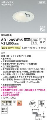 画像: コイズミ照明 AD1285W35 ダウンライト 埋込穴φ100 非調光 温白色 人感センサ付 防雨型 ファインホワイト