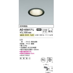 画像: コイズミ照明　AD45817L　M形ダウンライト ON-OFFタイプ LED一体型 温白色 拡散 φ100 防雨型 ブラック