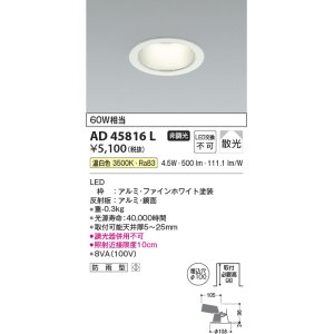 画像: コイズミ照明　AD45822L　M形ダウンライト ON-OFFタイプ LED一体型 温白色 散光 φ100 防雨型 ホワイト