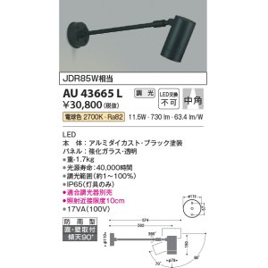 画像: コイズミ照明　AU43665L　アウトドアスポットライト JDR85W相当 中角 調光タイプ LED一体型 電球色 防雨型 ブラック