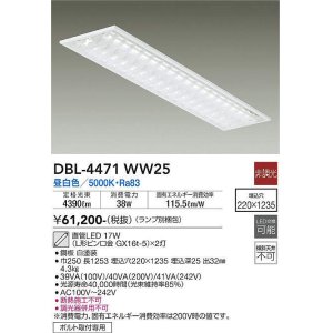 画像: 大光電機(DAIKO)　DBL-4471WW25(ランプ別梱)　ベースライト 直管LED 非調光 昼白色 埋込タイプ 埋込穴□220×1235