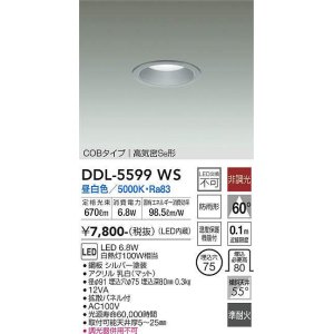 画像: 大光電機(DAIKO) DDL-5599 WS ダウンライト 埋込穴φ75 非調光 LED 昼白色 COBタイプ 高気密SB形 防雨形 準耐火 シルバー