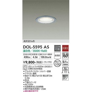 画像: 大光電機(DAIKO) DOL-5595 AS アウトドアライト 軒下ダウンライト 埋込穴φ100 非調光 LED 温白色 ランプ付 高気密SB形 防雨形 シルバー