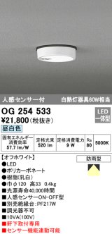 画像: オーデリック　OG254533　エクステリアダウンライト(軒下用) LED一体型 人感センサ ON-OFF型 白熱灯60W相当 昼白色