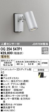 画像: オーデリック　OG254547P1　エクステリアスポットライト LED一体型 電球色 JDR75W相当 ミディアム配光 防雨型 マットシルバー