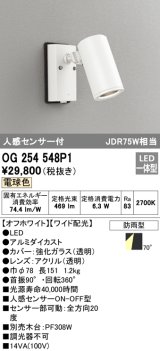 画像: オーデリック　OG254548P1　エクステリアスポットライト LED一体型 電球色 JDR75W相当 ワイド配光 防雨型 オフホワイト