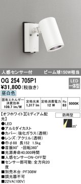 画像: オーデリック　OG254705P1　エクステリアスポットライト LED一体型 昼白色 ビーム球150W相当 ミディアム配光 防雨型 オフホワイト