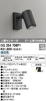 画像: オーデリック　OG254706P1　エクステリアスポットライト LED一体型 昼白色 ビーム球150W相当 ミディアム配光 防雨型 黒