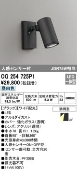 画像: オーデリック　OG254725P1　エクステリアスポットライト LED一体型 昼白色 JDR75W相当 ワイド配光 防雨型 黒