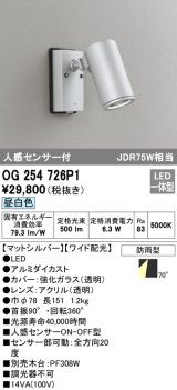 画像: オーデリック　OG254726P1　エクステリアスポットライト LED一体型 昼白色 JDR75W相当 ワイド配光 防雨型 マットシルバー