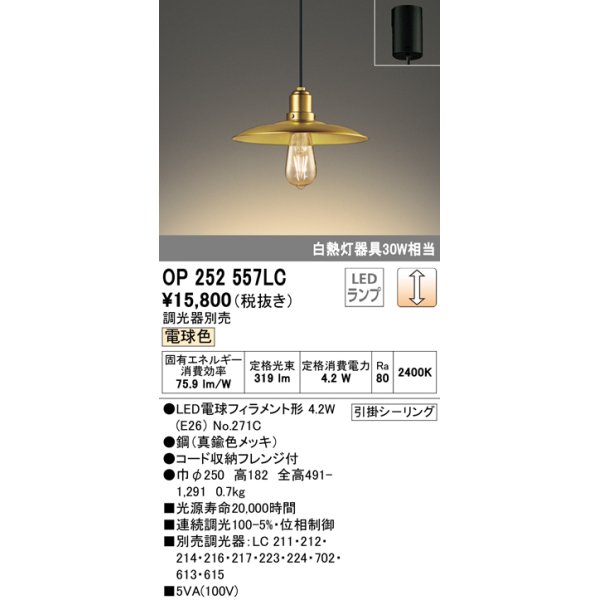 画像1: オーデリック　OP252557LC(ランプ別梱)　ペンダントライト LED電球フィラメント形 調光 フレンジ 電球色 調光器別売 [♭] (1)