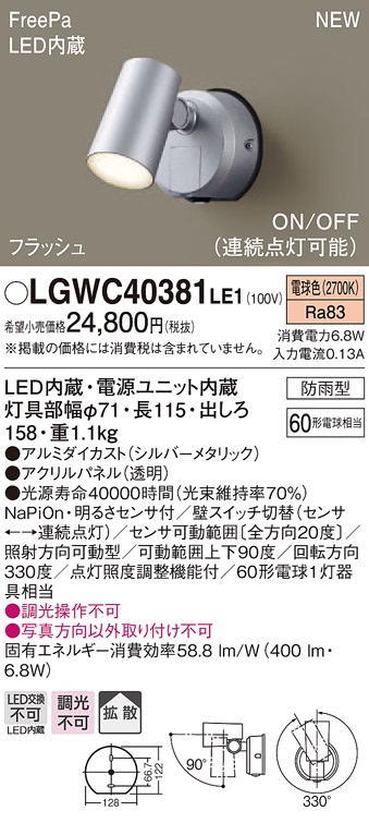 パナソニック LGWC40381LE1 スポットライト 壁直付型 LED(電球色) 拡散