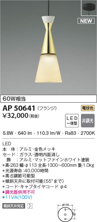 コイズミ照明 AP50641 ペンダントライト LED一体型 非調光 電球色 傾斜