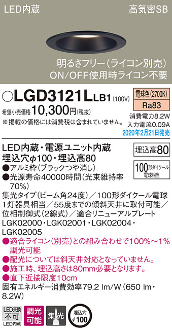 画像1: パナソニック　LGD3121LLB1　ダウンライト 天井埋込型 LED(電球色) 高気密SB形 集光24度 調光(ライコン別売) 埋込穴φ100 ブラック (1)