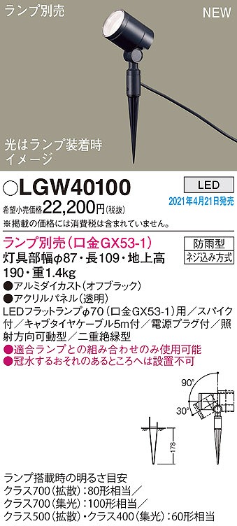 パナソニック LGW40100 エクステリア スポットライト ランプ別売(口金