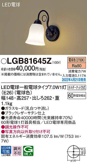 パナソニック LGB81645Z ブラケット ランプ同梱 LED(電球色) 壁直付型