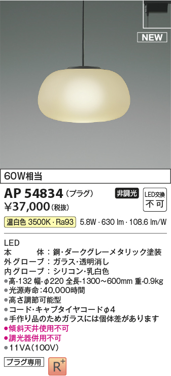 コイズミ照明 AP54834 ペンダント 非調光 LED一体型 温白色 プラグ
