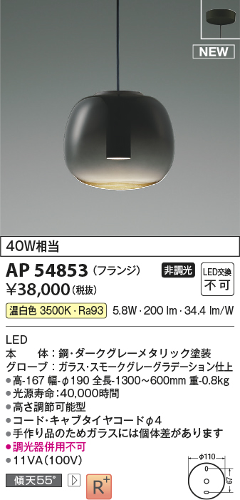 コイズミ照明 AP54853 ペンダント 非調光 LED一体型 温白色 フランジ