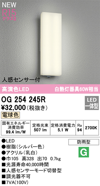 OG254292R オーデリック ポーチライト ブラック LED（電球色） センサー付