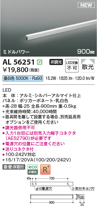 画像1: コイズミ照明 AL56251 間接照明 900mm 非調光 昼白色 直付・壁付・床取付 ミドルパワー シルバーアルマイト (1)