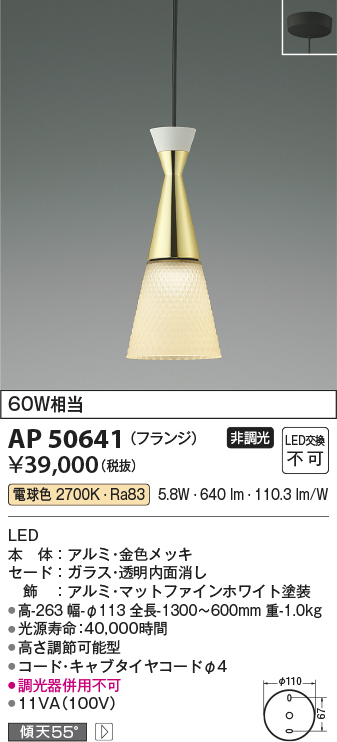 コイズミ照明 AP50641 ペンダントライト LED一体型 非調光 電球色 傾斜