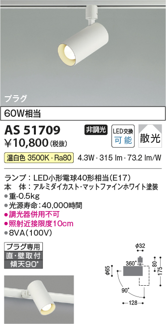 画像1: コイズミ照明　AS51709　スポットライト 非調光 LEDランプ 温白色 散光 プラグタイプ マットホワイト (1)