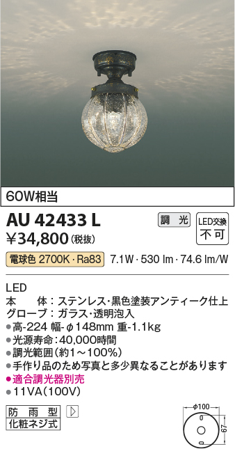 画像1: コイズミ照明　AU42433L　ポーチライト 天井 調光タイプ 白熱球60W相当 LED一体型 電球色 防雨型 アンティーク (1)