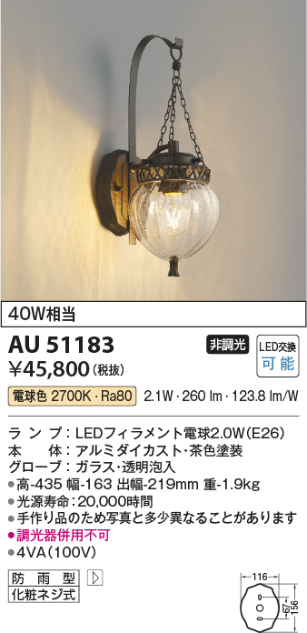 画像1: コイズミ照明　AU51183　エクステリア ポーチ灯 非調光 LEDランプ 電球色 防雨型 ブラウン (1)