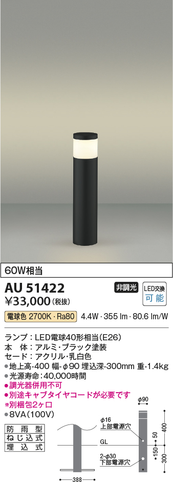 画像1: コイズミ照明　AU51422(2梱包)　エクステリア ガーデンライト 非調光 LEDランプ 電球色 防雨型 ブラック (1)