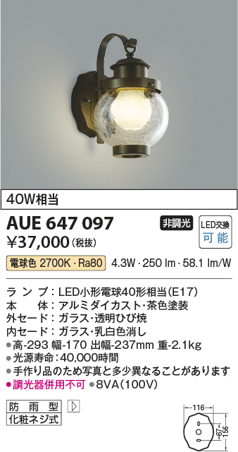 コイズミ照明 AUE647097 ポーチライト 壁 ブラケットライト 白熱球40W