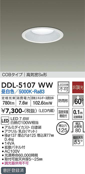 画像1: 【数量限定特価】大光電機(DAIKO)　DDL-5107WW　ダウンライト LED内蔵 非調光 昼白色 COBタイプ 高気密SB形 防雨形 埋込穴φ125 ホワイト (1)